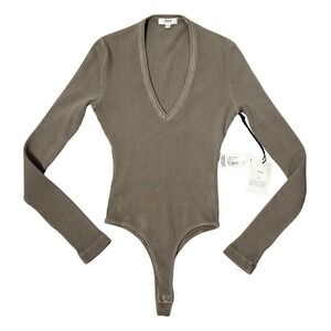 AGOLDE Tavi Deep V Thong Bodysuit Brown Ribbed Organic Layering Minimalist Small
